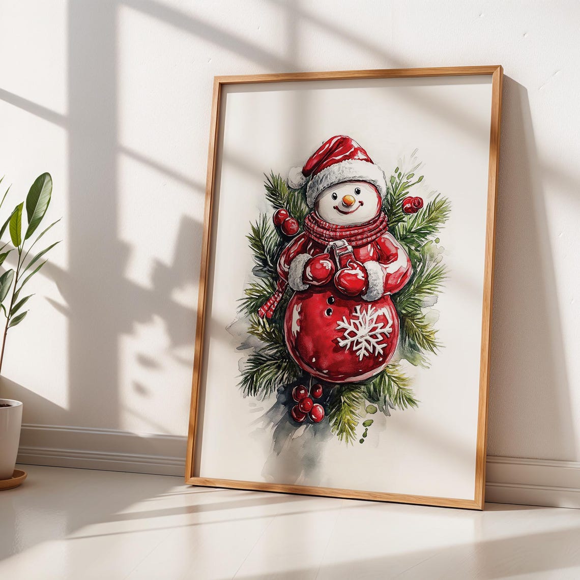 Cute Red Snowman Santa Hat Watercolor Pine Branch Christmas Wall Art - Image 2