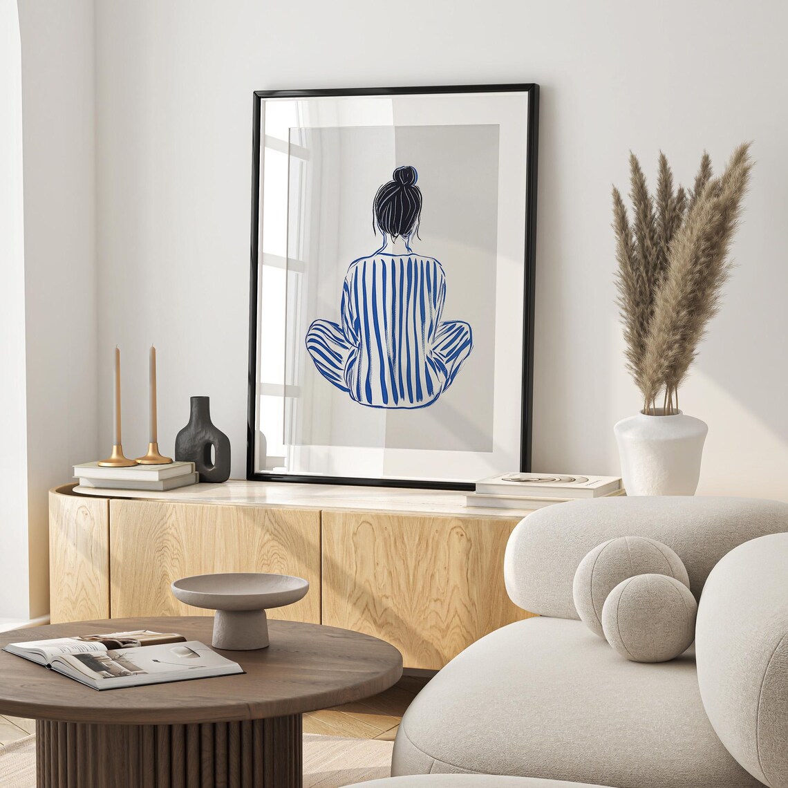 Seated Woman Back View Minimalist Blue Striped Line Art Poster - Image 4