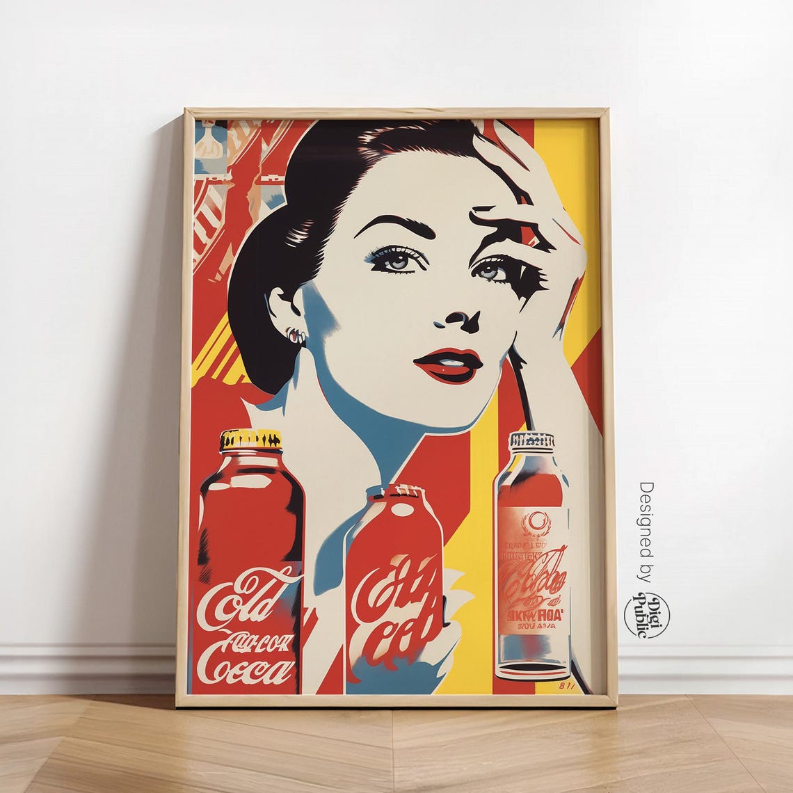 Retro Pop Art Woman Vintage Soda Bottles Red Yellow Kitchen Wall Art