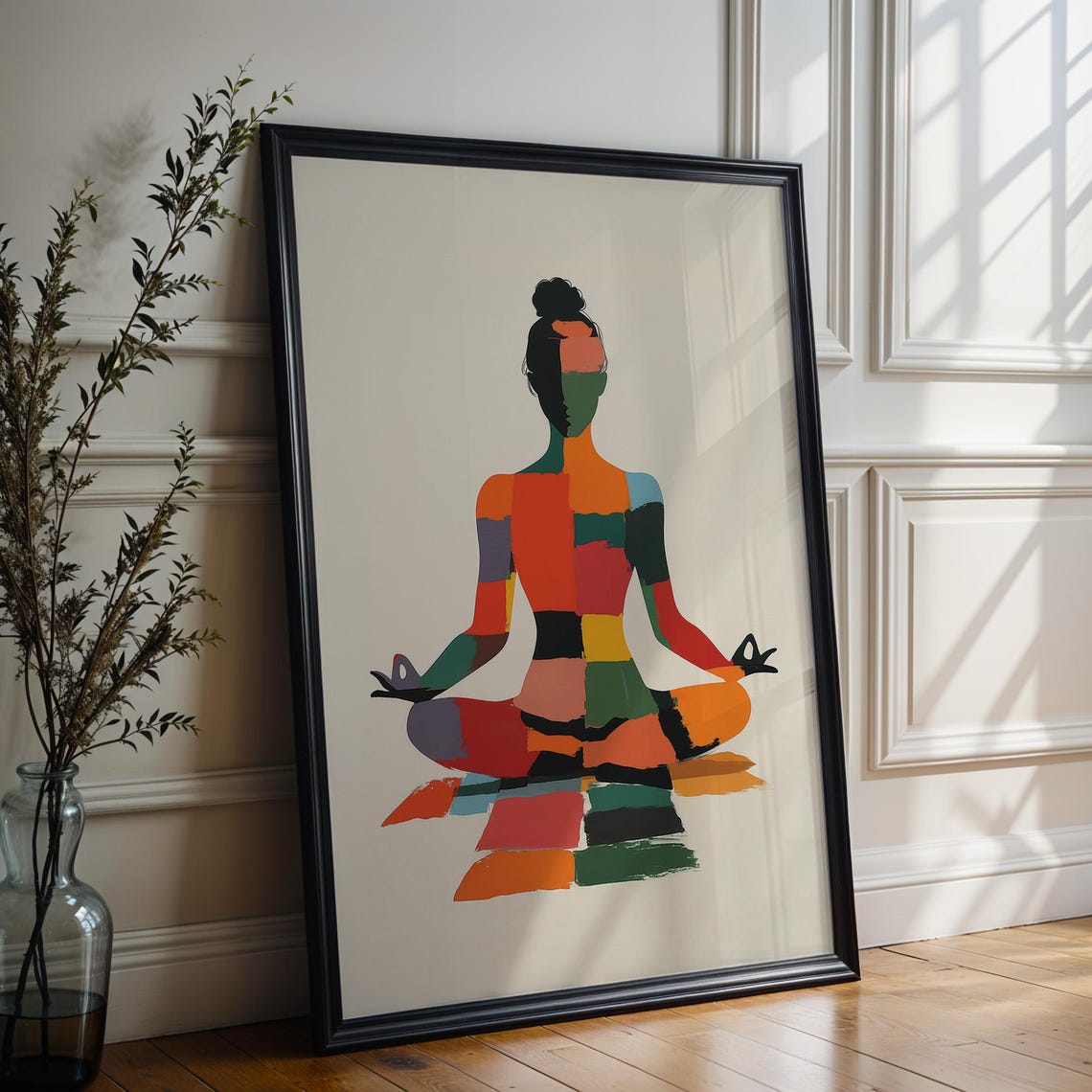Vibrant Colorful Abstract Patchwork Yoga Meditation Woman Poster - Image 2