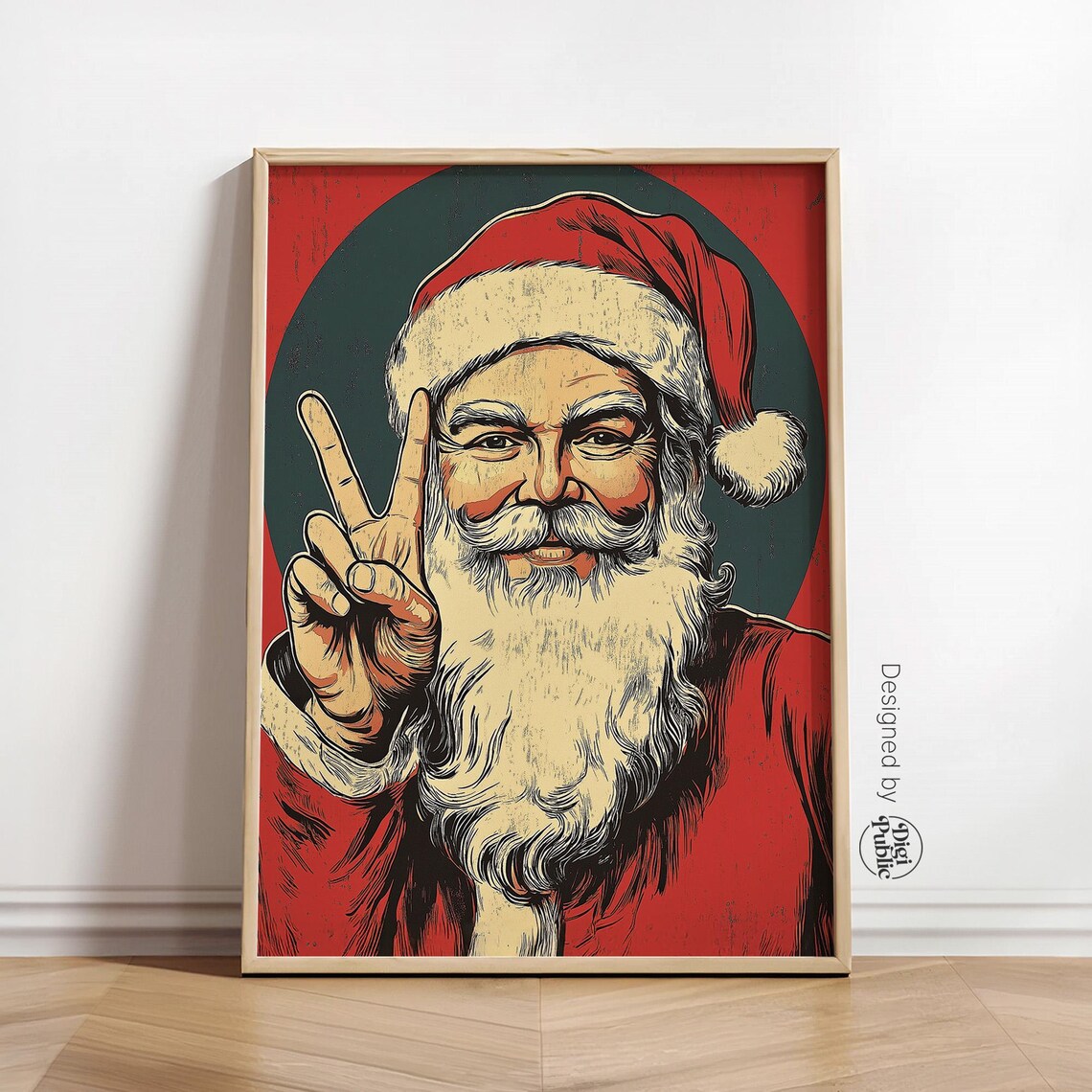 Retro Santa Claus Peace Sign Vintage Red Green Circle Christmas Poster