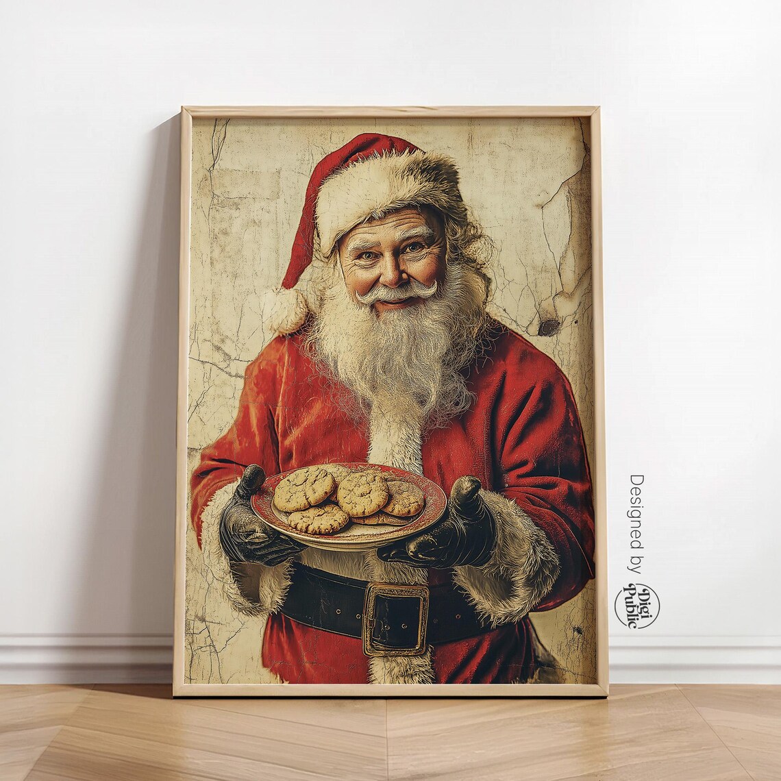 Vintage Santa Claus Holding Plate of Cookies Rustic Holiday Wall Art