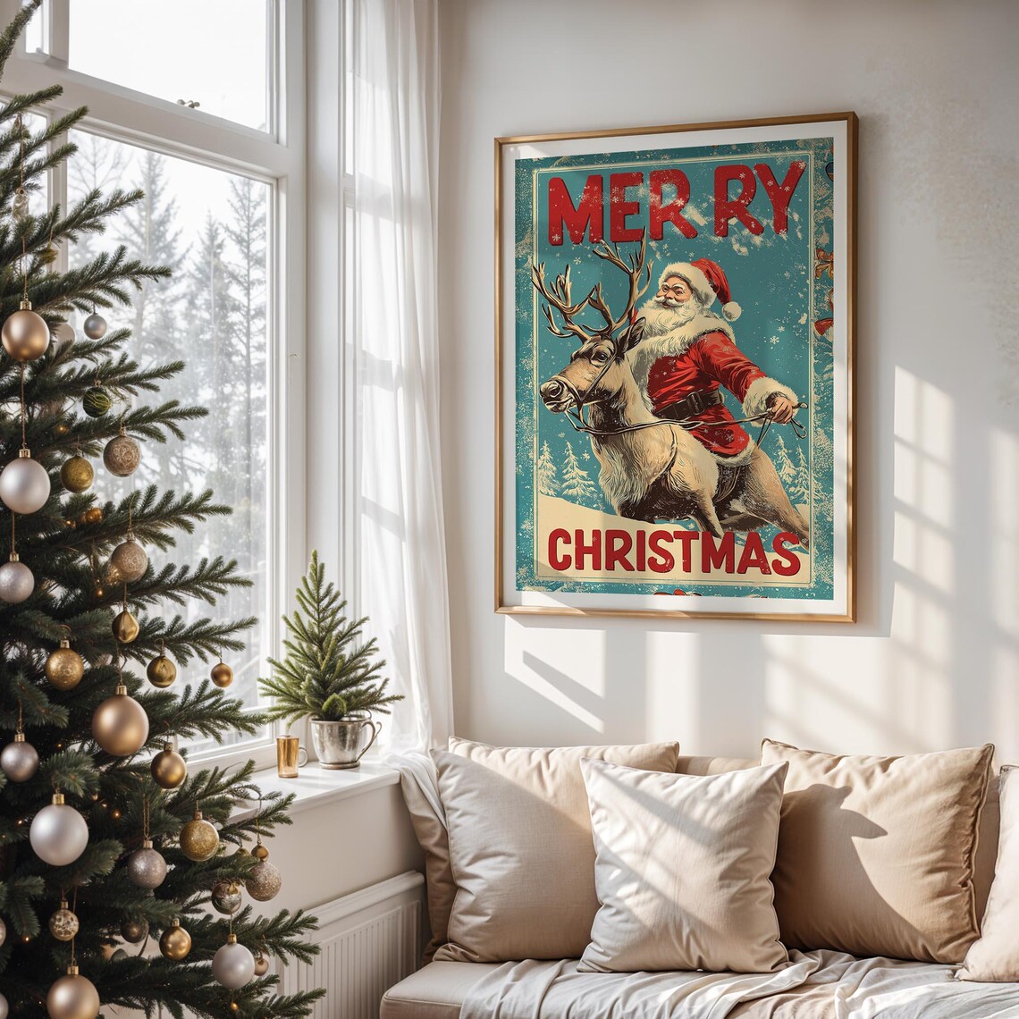 Retro Merry Christmas Santa Claus Riding Reindeer Vintage Style Poster - Image 5