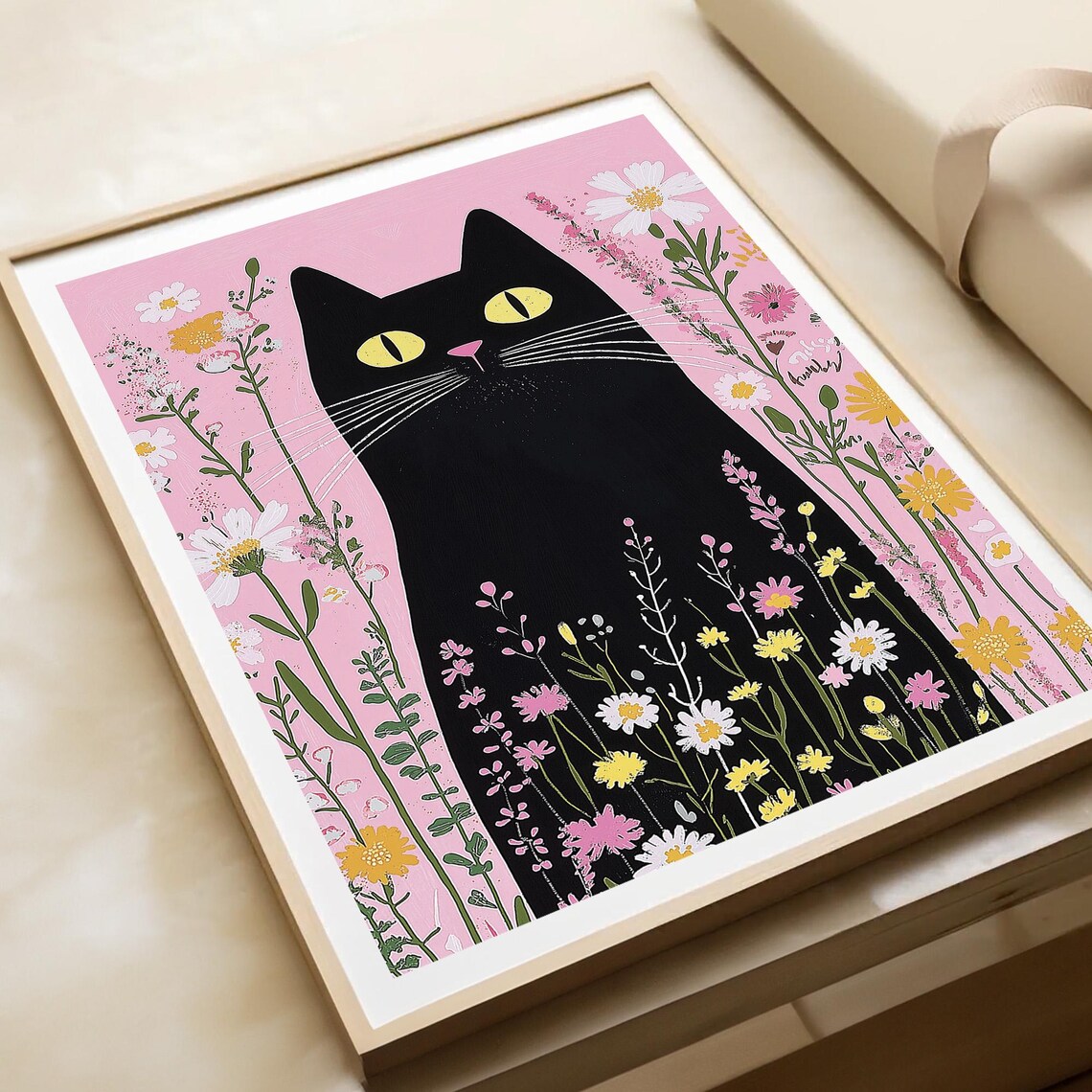 Black Cat With Yellow Eyes In Wildflower Garden Cottage Home Decor Poster - Image 3