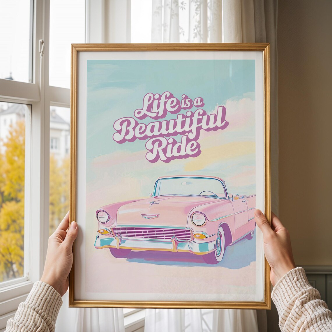 Life Is A Beautiful Ride Pink Vintage Car Quote Garage Wall Decor Poster - Image 3