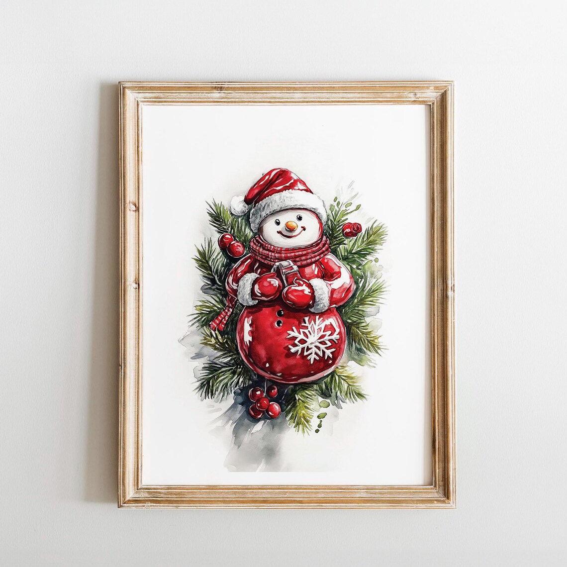 Cute Red Snowman Santa Hat Watercolor Pine Branch Christmas Wall Art - Image 3