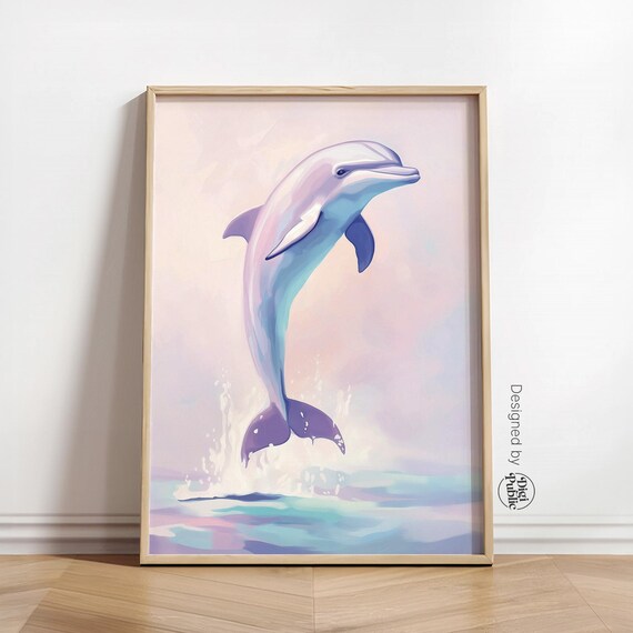 Pastel Dolphin Leaping Ocean Poster Dreamy Sea Life Wall Decor