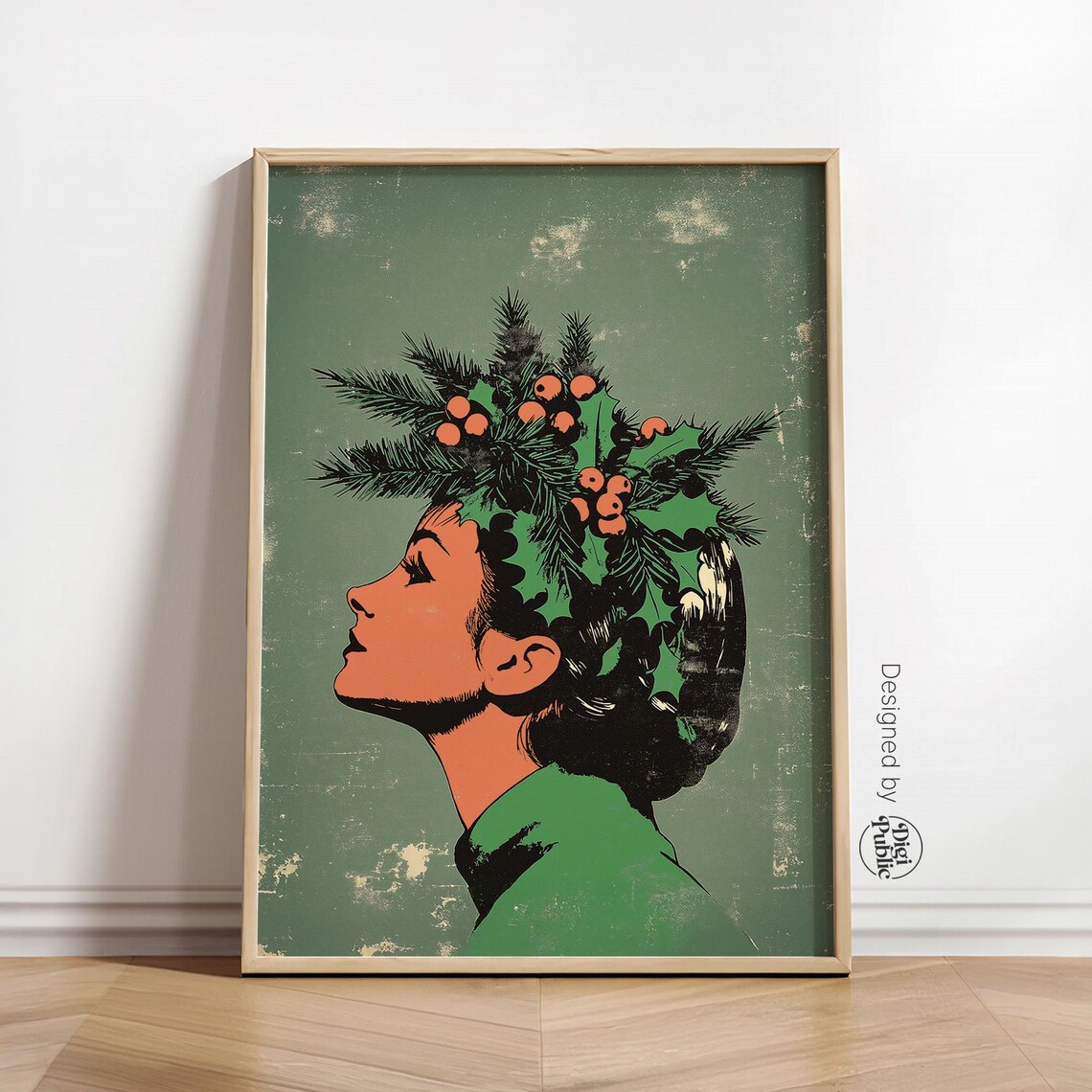 Woman Profile Holly Berry Crown Retro Sage Green Christmas Wall Art