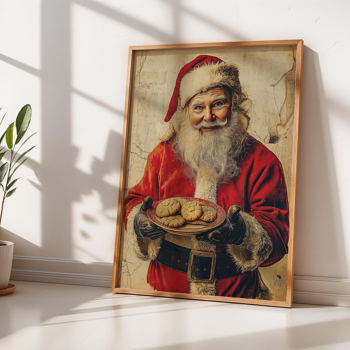 Vintage Santa Claus Holding Plate of Cookies Rustic Holiday Wall Art - Image 2