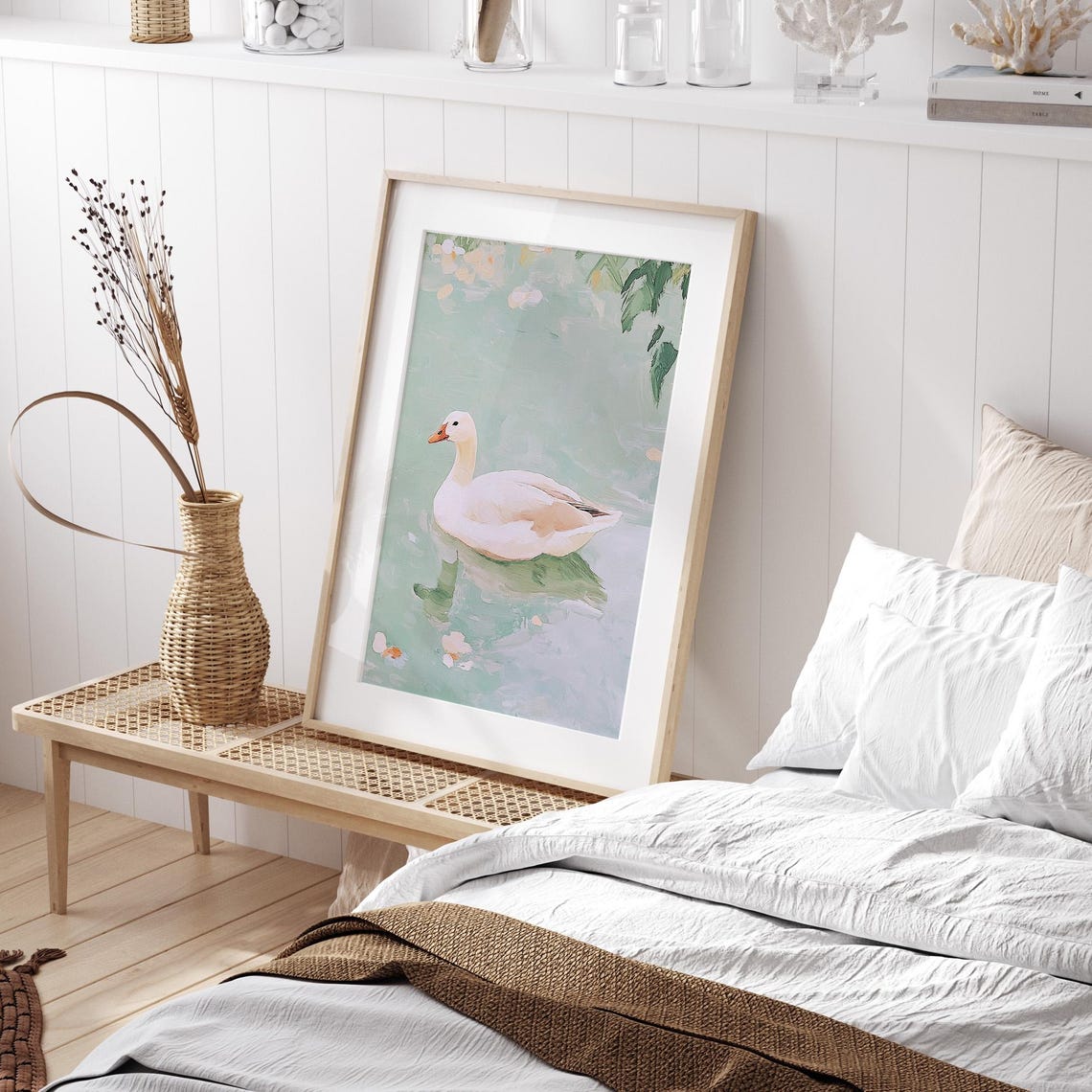 White Duck On Sage Green Pond Painterly Nature Beautiful Wall Poster - Image 4