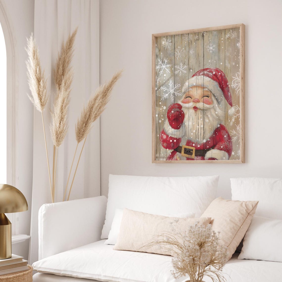 Cute Waving Santa Claus Rustic Wooden Plank Snowflake Nursery Wall Art - Image 3