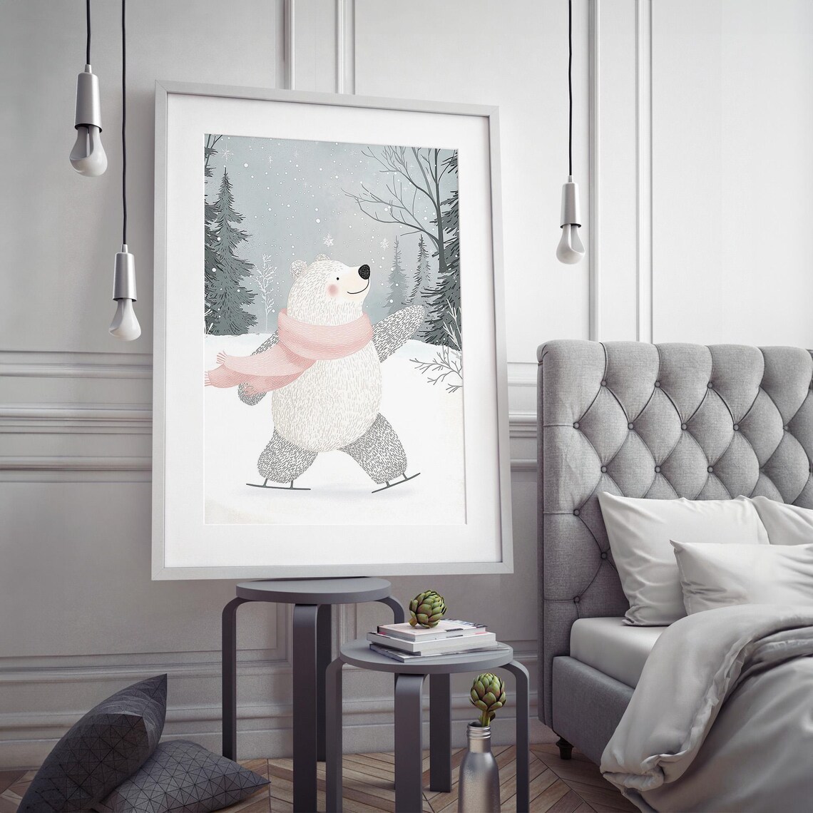 Cute Polar Bear Ice Skating Winter Poster with Pink Scarf Art - Image 4