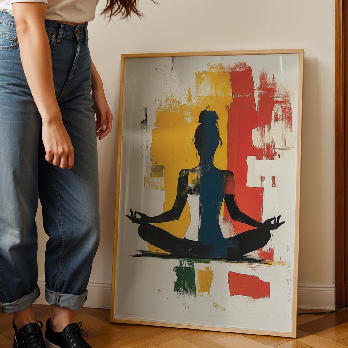 Meditating Silhouette Against Bold Yellow Red Abstract Poster - Image 3