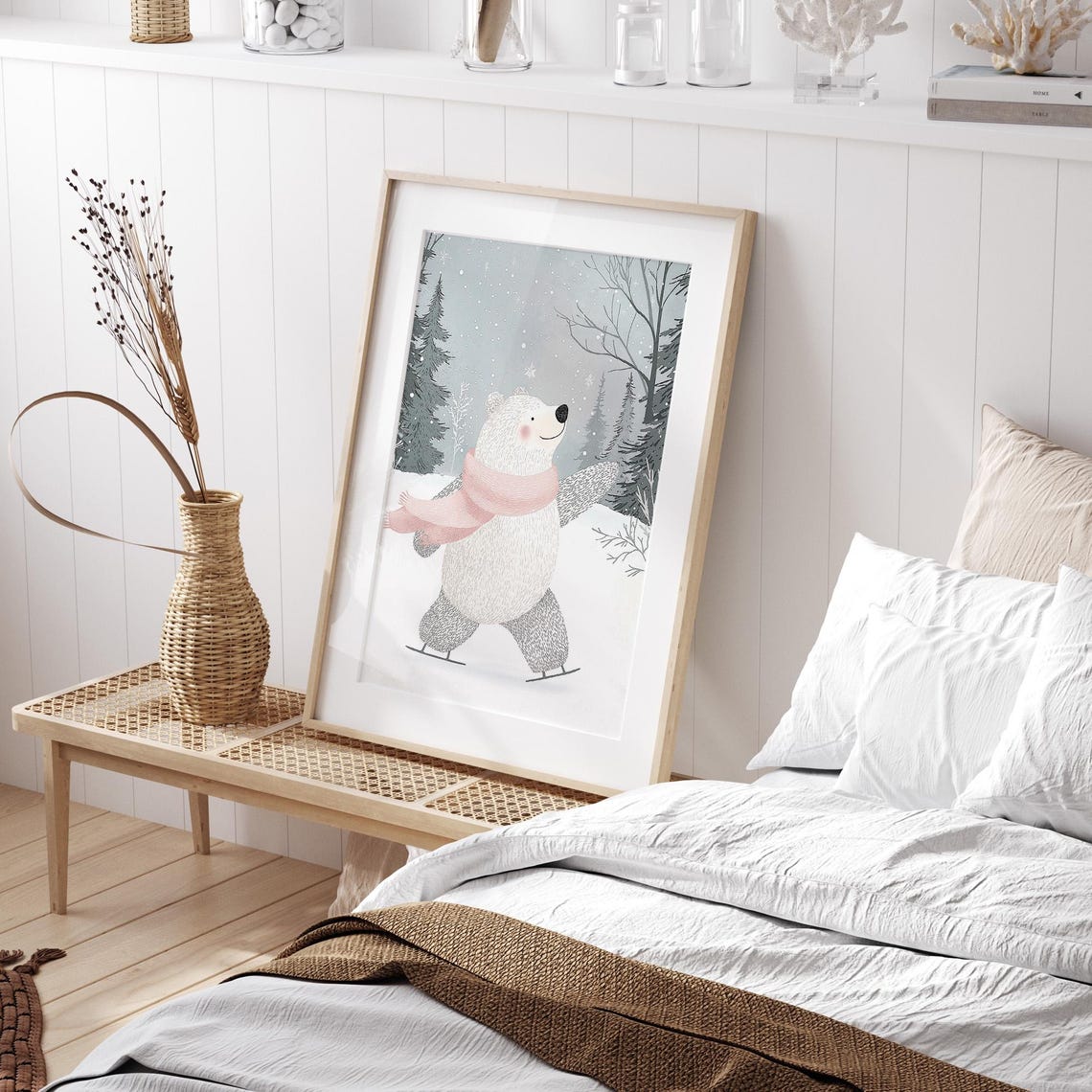 Cute Polar Bear Ice Skating Winter Poster with Pink Scarf Art - Image 3