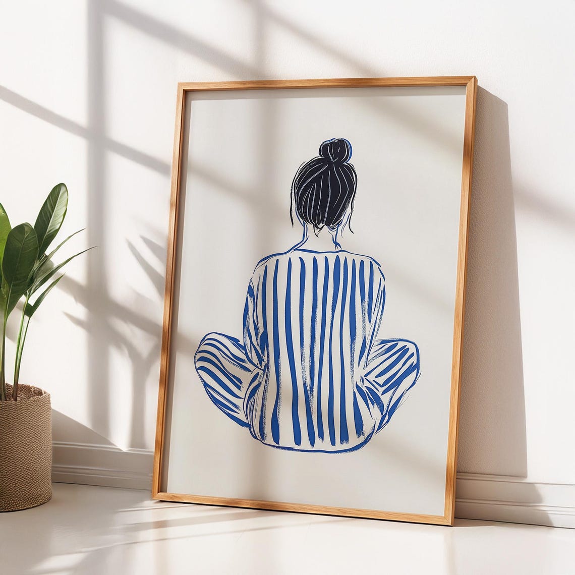 Seated Woman Back View Minimalist Blue Striped Line Art Poster - Image 2