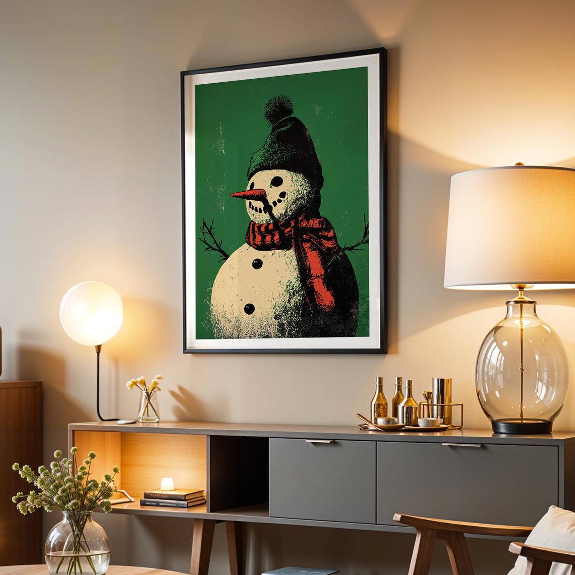 Retro Snowman Knit Hat Red Scarf Green Halftone Christmas Wall Art - Image 3