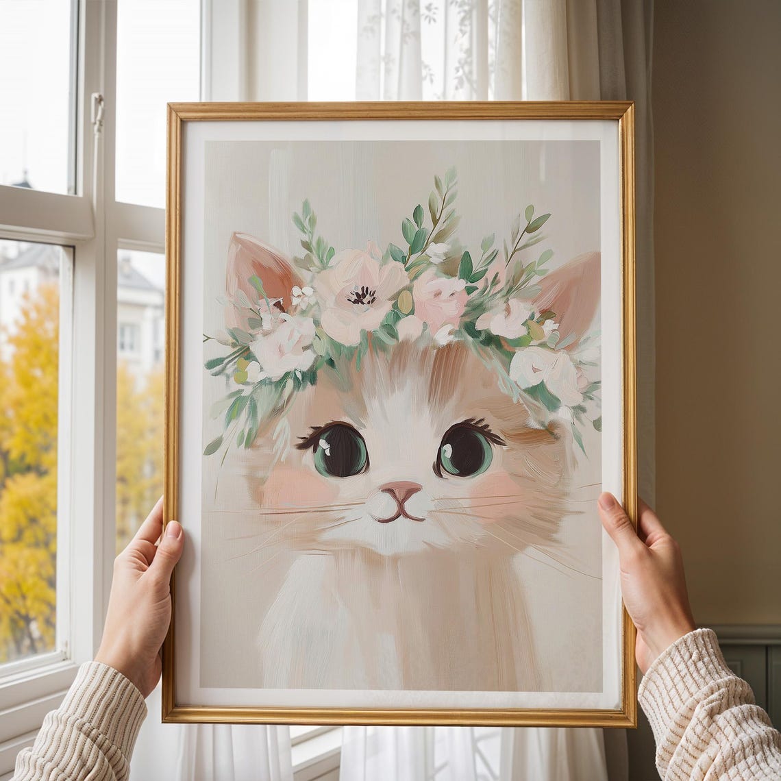 Cute Kitten Flower Crown Watercolor Poster Whimsical Nursery Decor - Image 4
