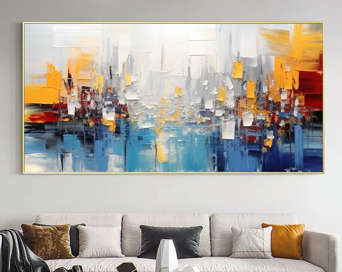 Abstract Blue White and Gold Cityscape Texture Art Oil Poster
