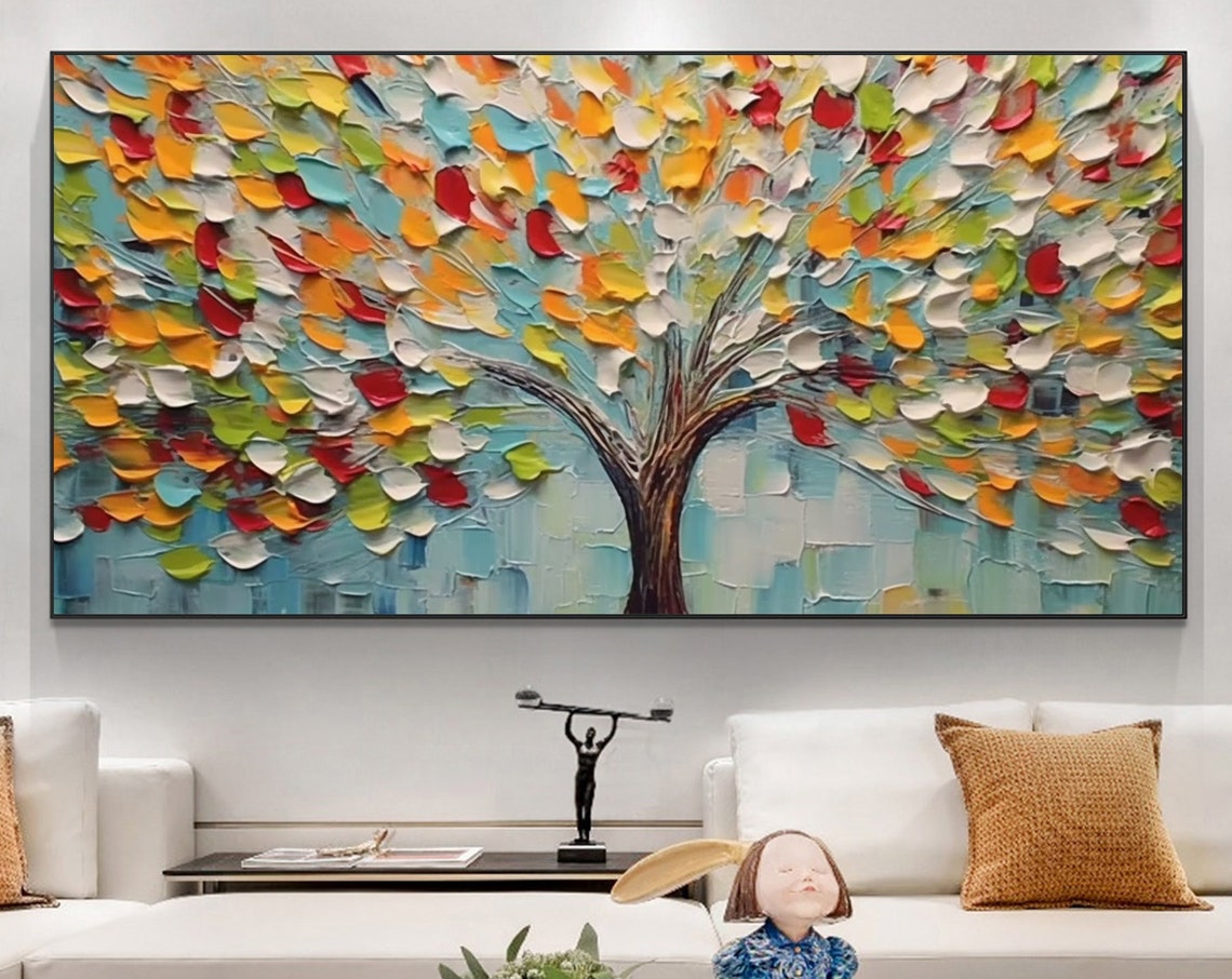 Colorful Tree with Red Yellow Green Leaves on Blue Art Poster