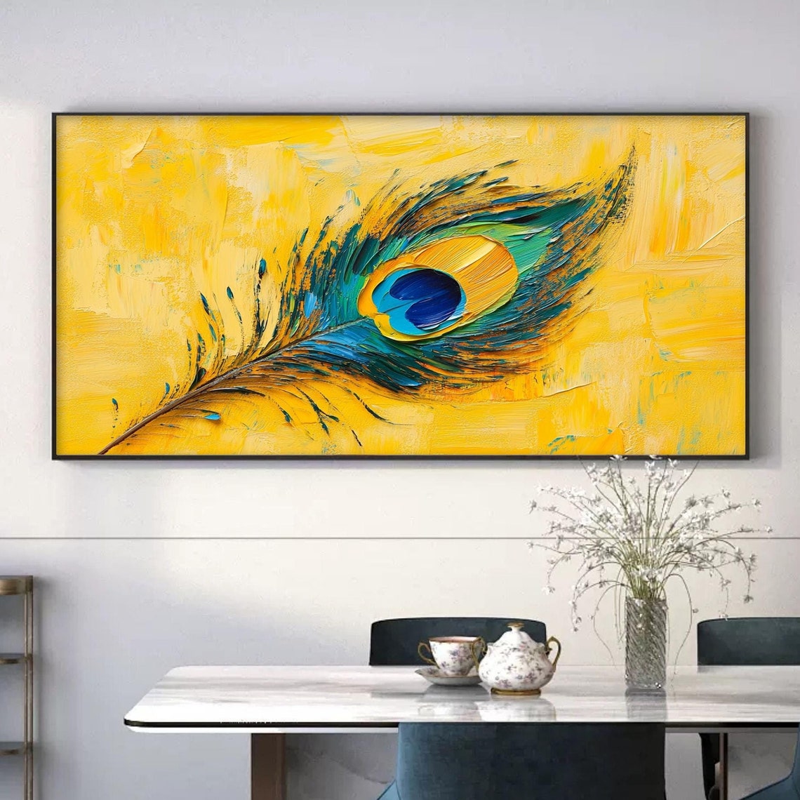 Peacock Feather on Bright Yellow Textured Oil Painting Poster