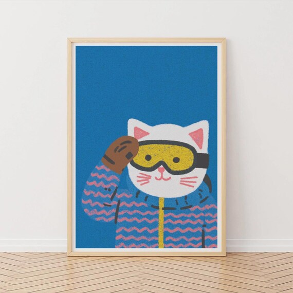 Snowboard Cat Poster Bold Blue Winter Sports Print