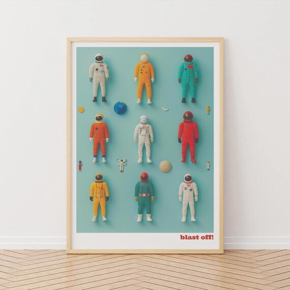 Nine Colorful Toy Astronauts Blast Off Kids Space Adventure Poster