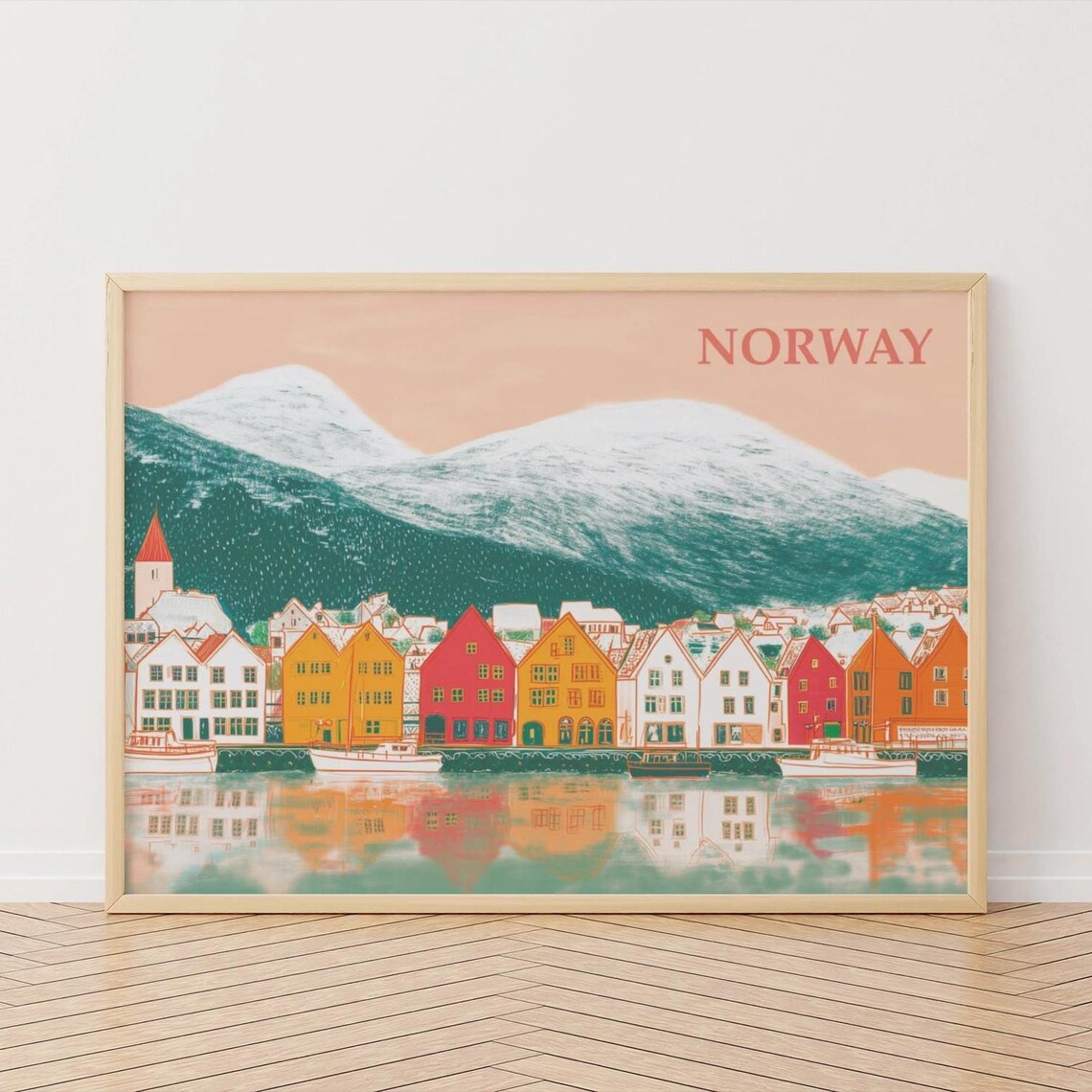 Norway Colorful Bergen Harbor Houses And Snowy Peaks Travel Poster