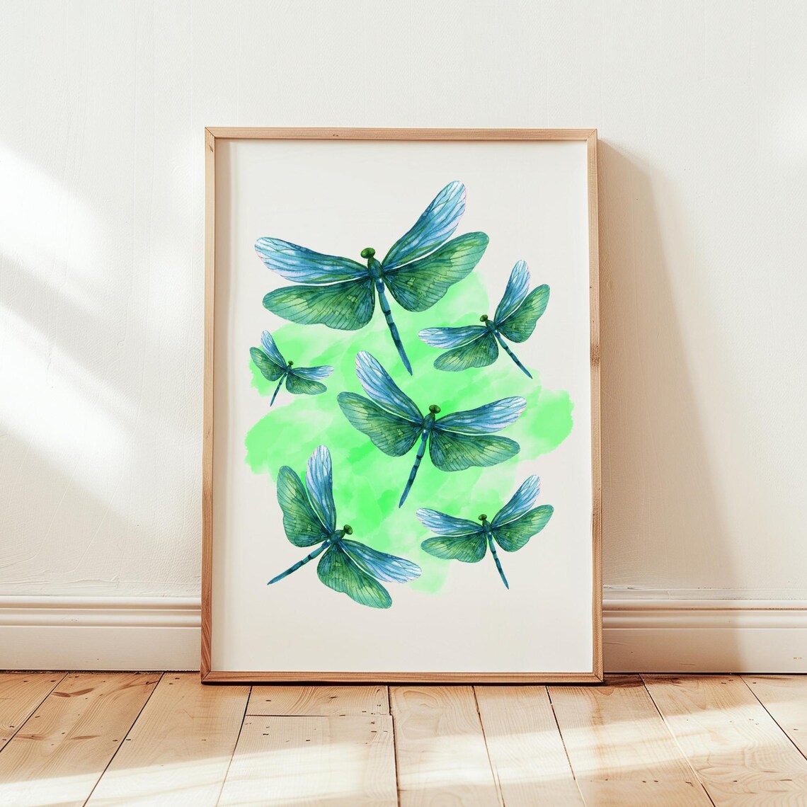 Blue Green Dragonflies Watercolor Flying Insects Nature Art Poster