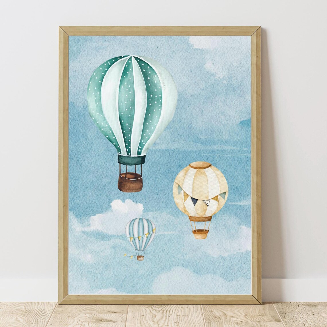 Watercolor Hot Air Balloons Drifting In Dreamy Blue Nursery Sky Print