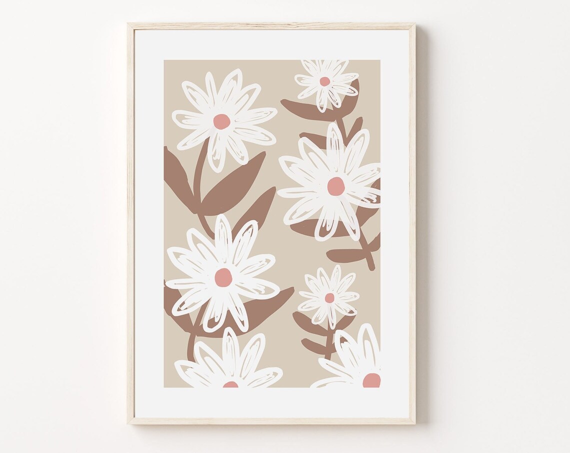 White Daisy Floral Pattern with Pink Centers on Beige Botanical Poster