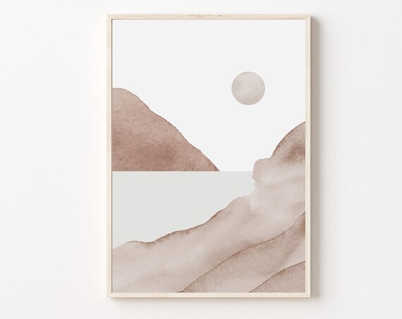 Minimalist Beige Watercolor Landscape with Sun Serene Nature Art Poster