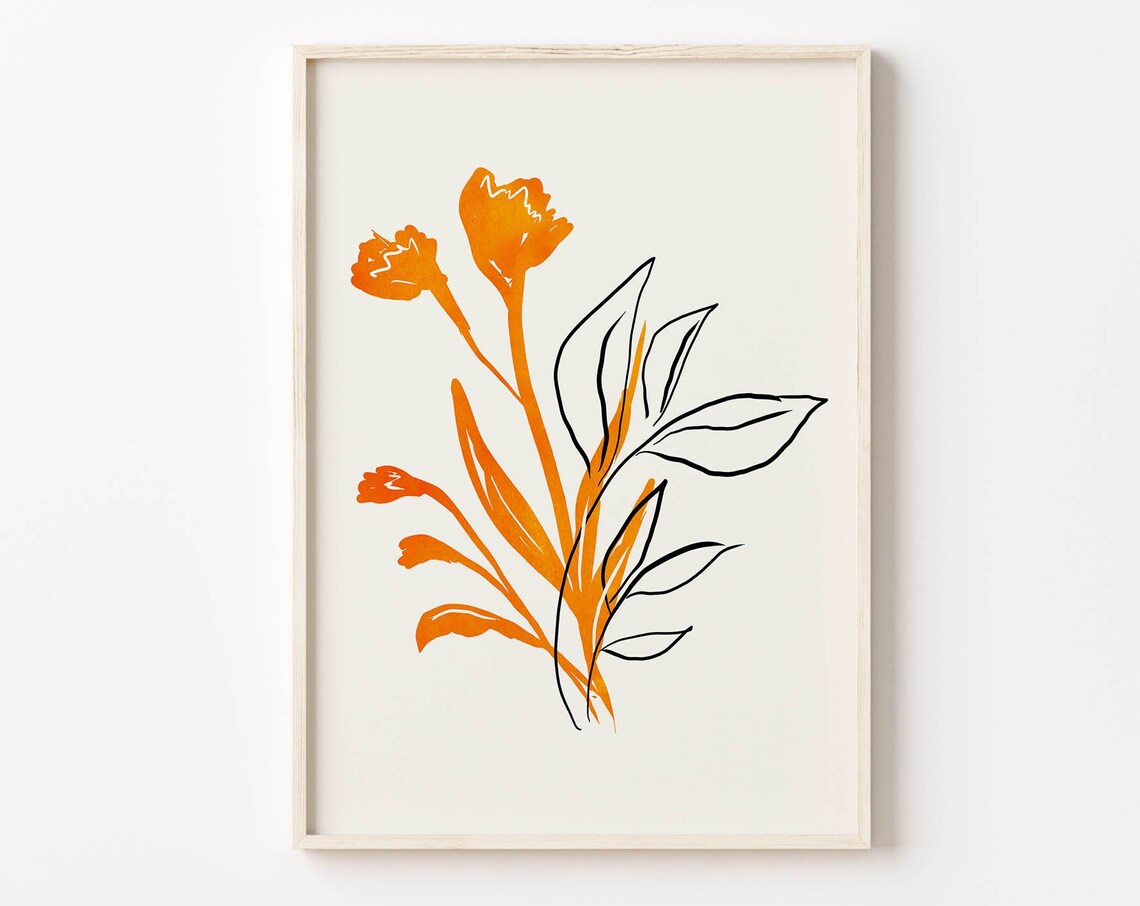 Orange Botanical Line Art Minimalist Flower Sketch Modern Art Poster