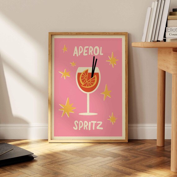Aperol Spritz Pink Cocktail Glass Retro Bar Cart Home Decor Poster