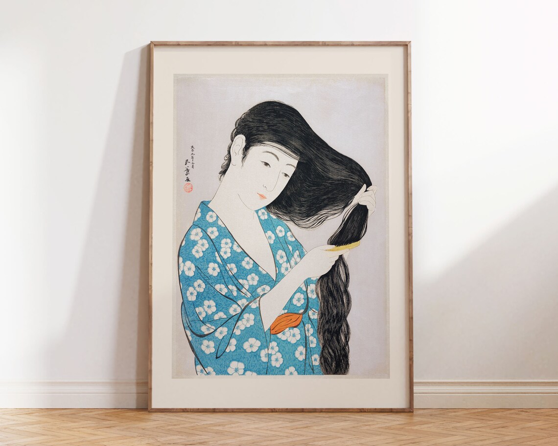 Vintage Japanese Woman Combing Long Hair Kimono Woodblock Art Poster