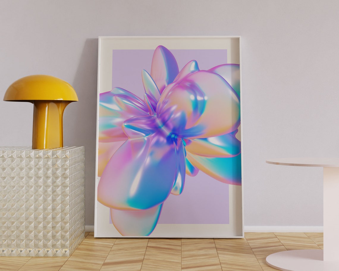 Y2K Iridescent Chrome Flower Holographic 3D Floral Abstract Art Poster