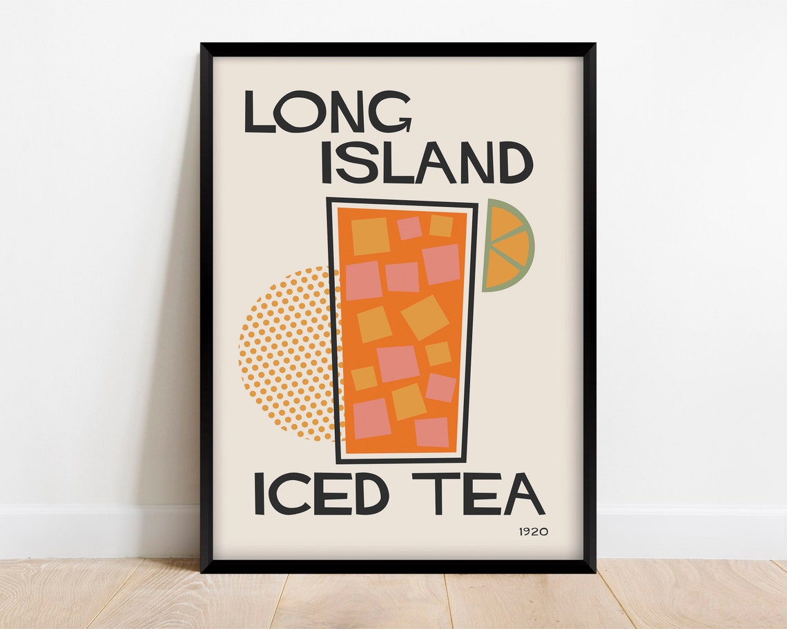 Cocktail Print Long Island Iced Tea Mid Century Modern Kitchen Poster Retro Colorful Bar Decor
