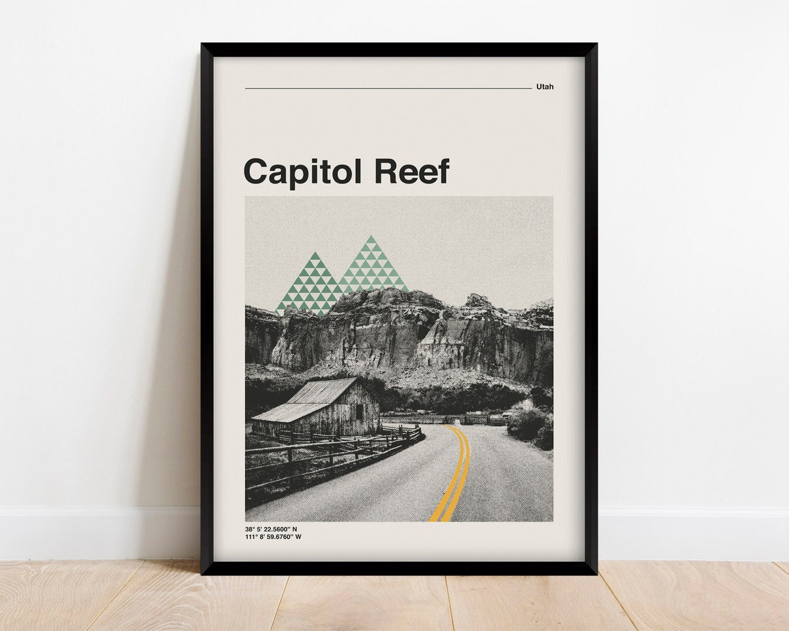 Capitol Reef Utah National Park Monochrome Retro Travel Poster