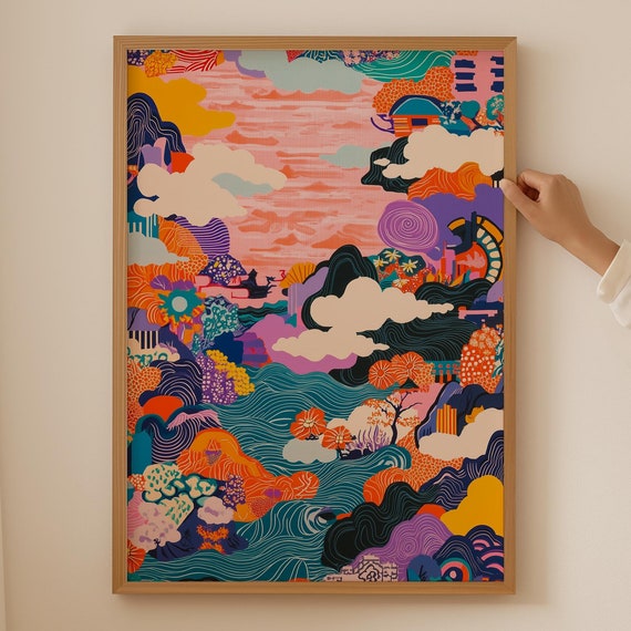 Japanese Colorful Art Japandi Poster For Above Couch Funky Wall Room Decor Wabi Sabi Print Cubicle