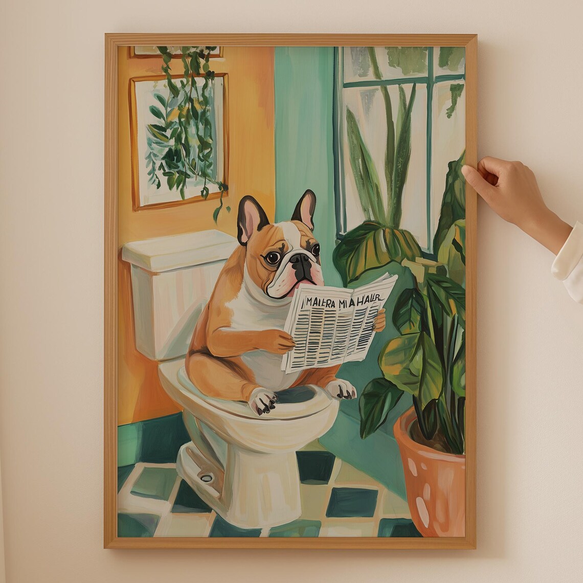 Funny Bulldog Reading Newspaper on Toilet Colorful Bathroom Poster