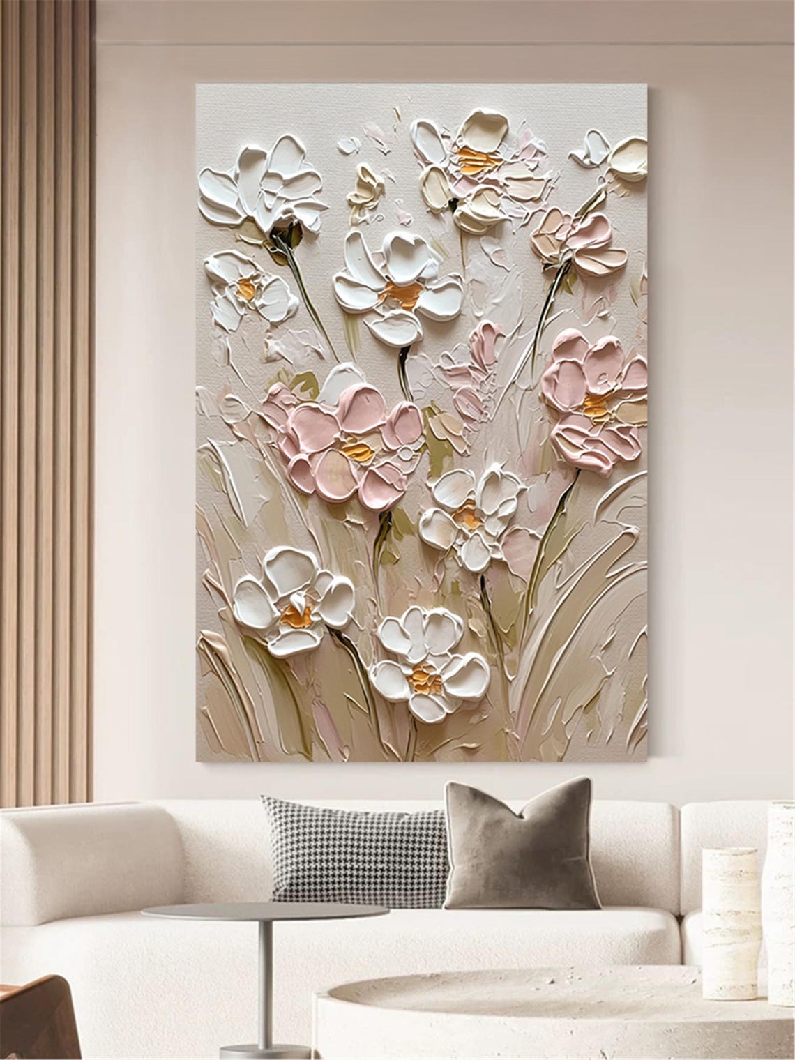 White Pink Blossom Dark Stems 3D Textured Floral Painting Poster - Image 3