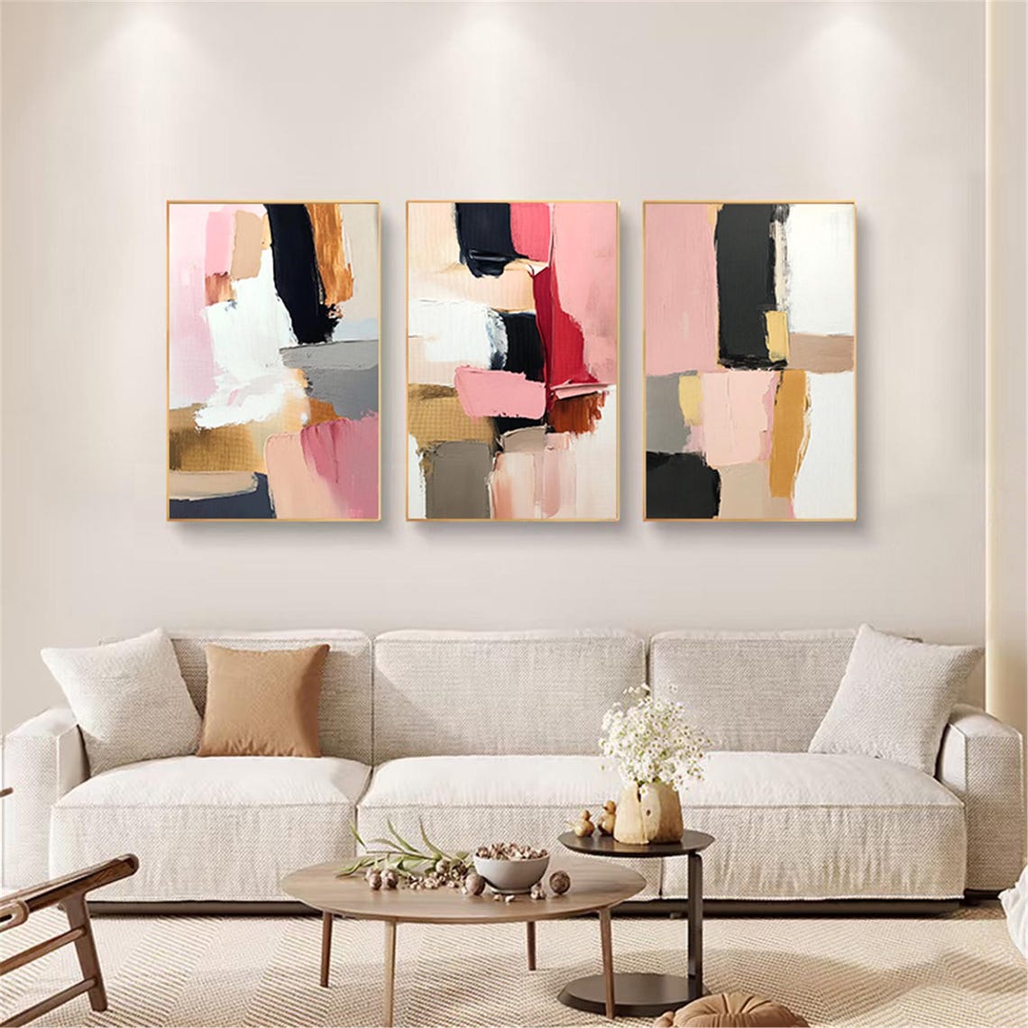 Three Piece Pink Black White Red Abstract Set Modern Triptych Wall Art - Image 5
