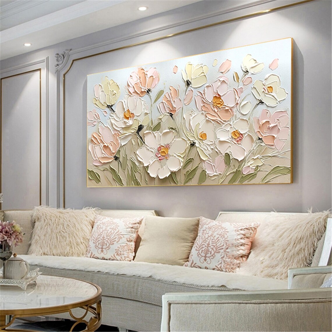 White Pink Bloom Sage Neutral 3D Textured Floral Painting Poster - Image 2