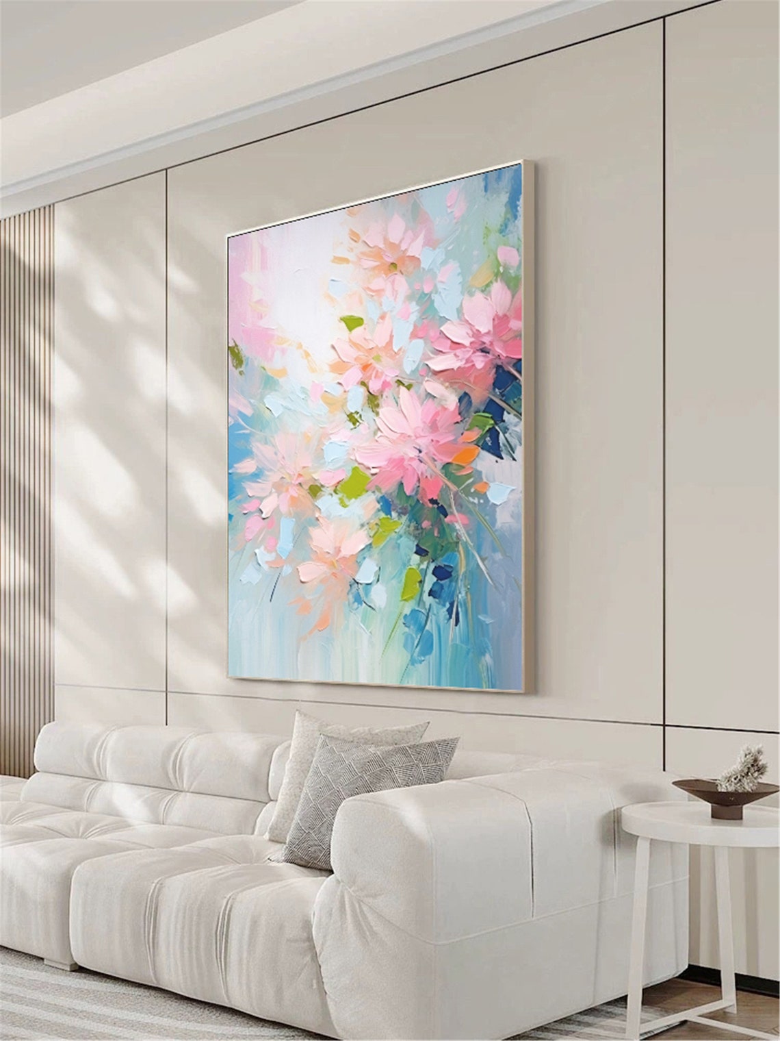Soft Pink Pastel Floral Spray Blue Green Vertical Blossom Wall Art - Image 2