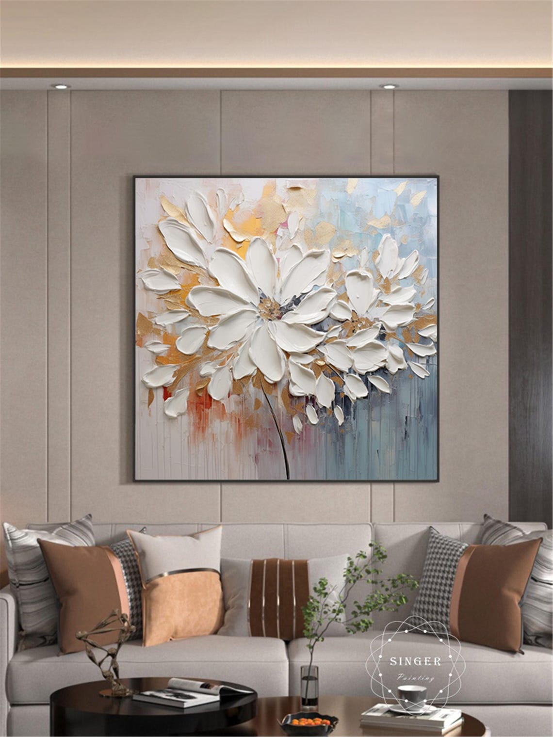 Giant White Daisy Gold Beige Abstract Modern Square Wall Art - Image 2