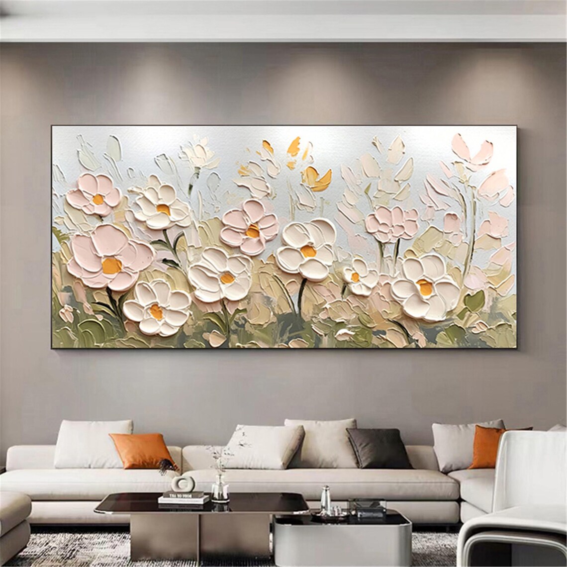 White Pink Daisy Yellow Center 3D Textured Floral Painting Poster - Image 3