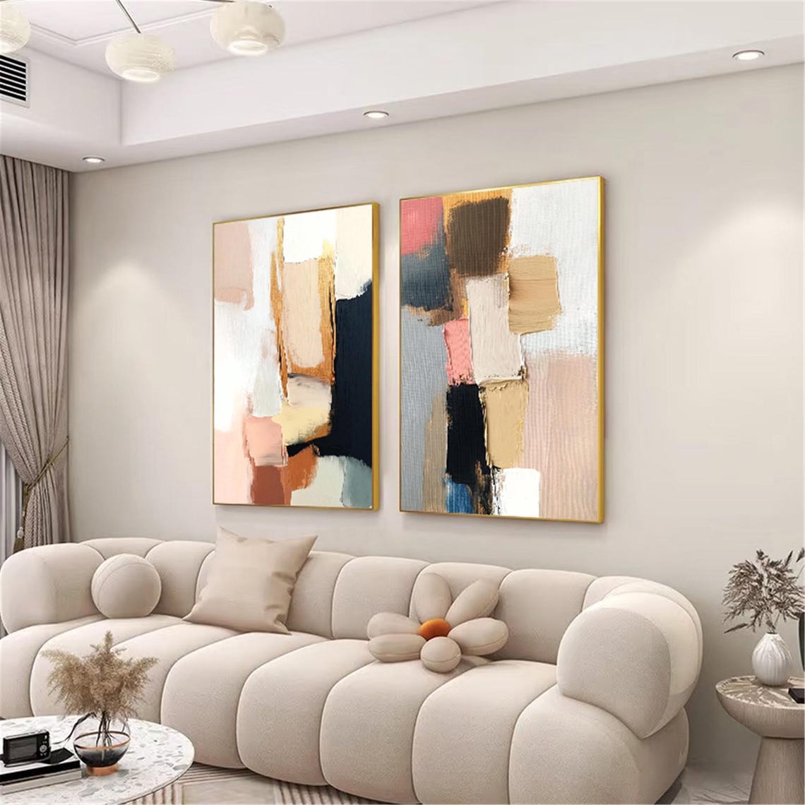 Two Piece Pink Black Gold Modern Abstract Pair Diptych Wall Art - Image 2
