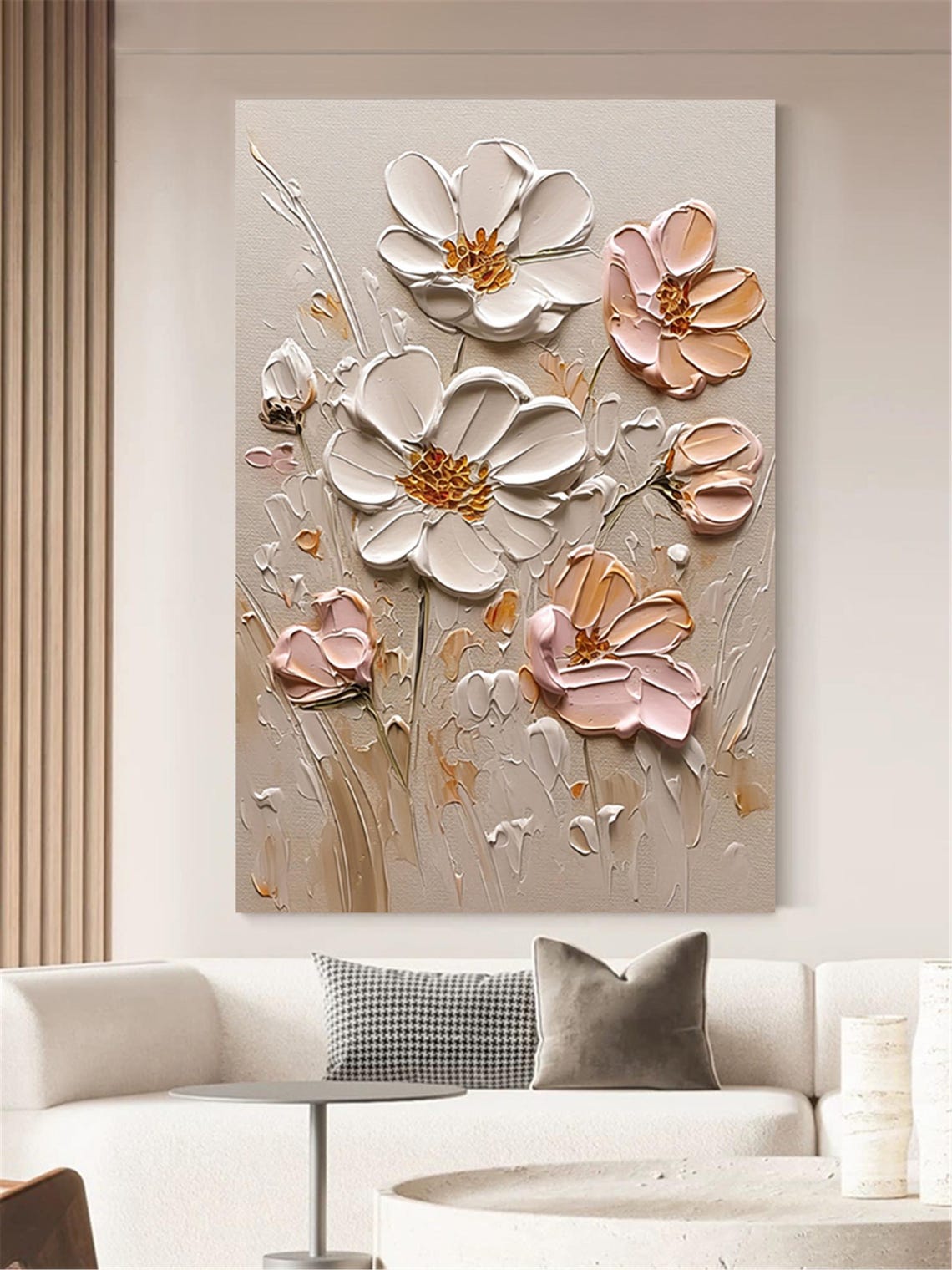 White Pink Blossom Neutral Gray 3D Textured Floral Painting Poster - Image 4