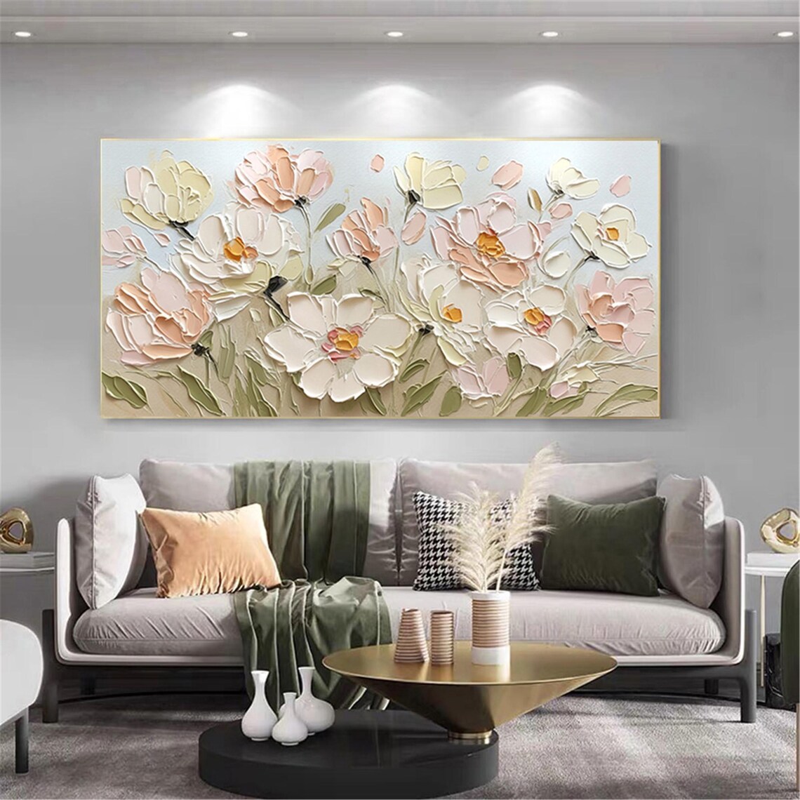 White Pink Bloom Sage Neutral 3D Textured Floral Painting Poster - Image 4