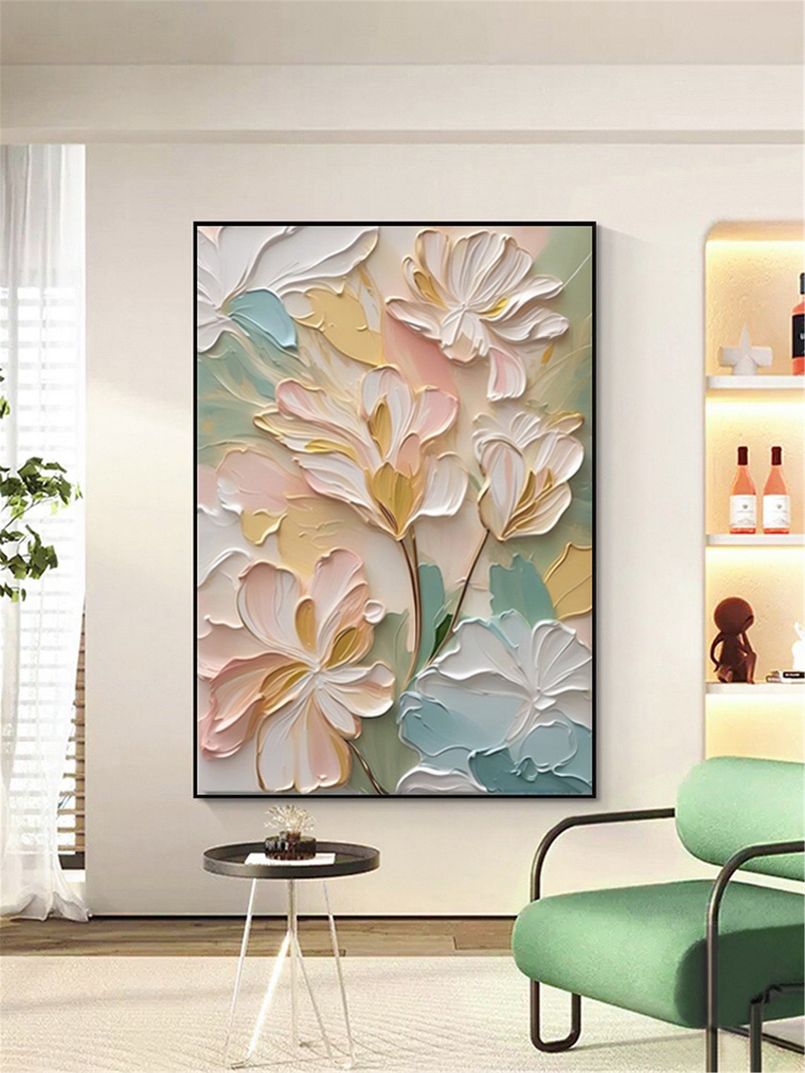 Cream Gold Lily Blossoms Sage Green Elegant Large Floral Wall Art - Image 5