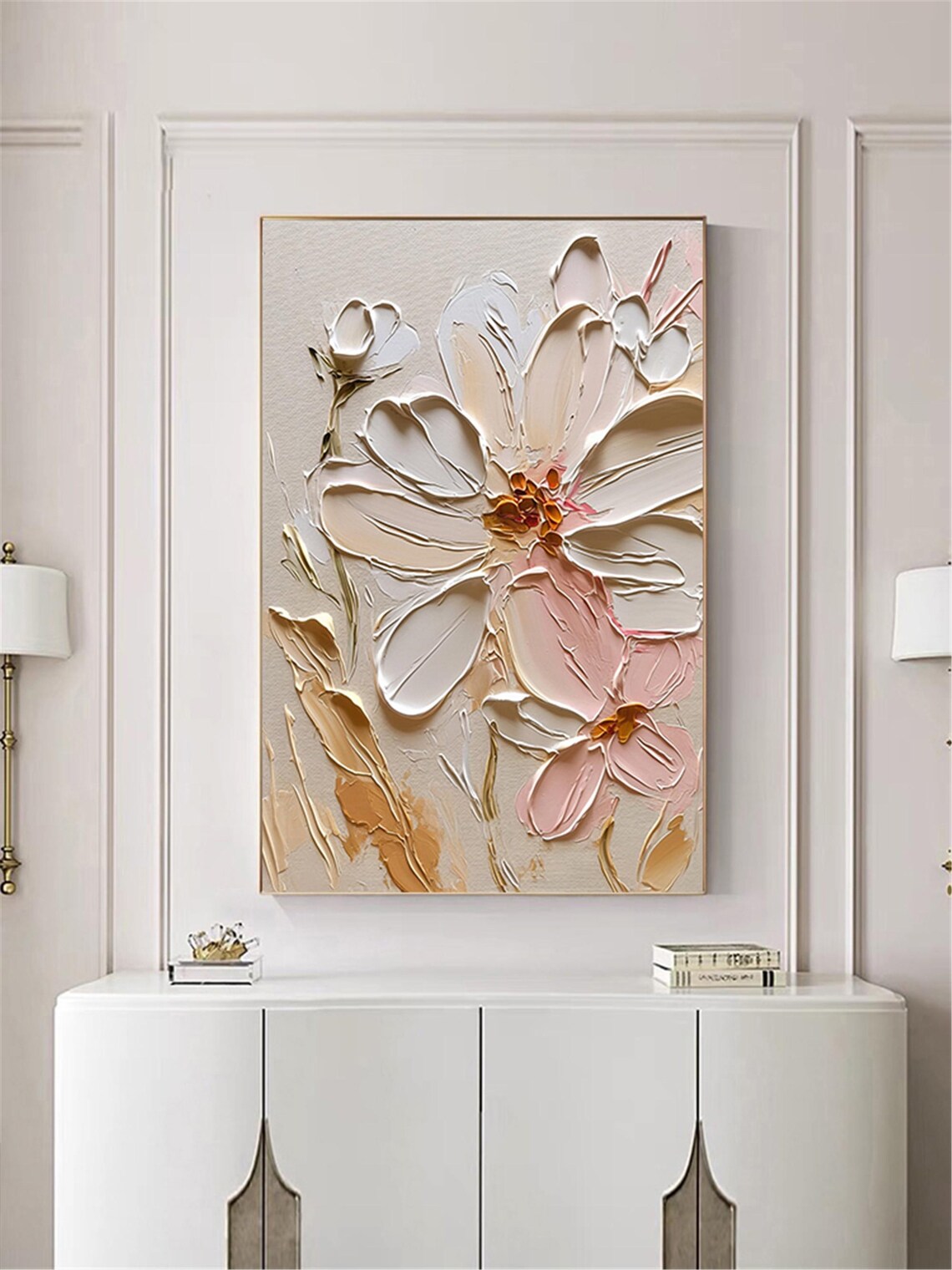 Large White Bloom Small Pink Flower 3D Textured Floral Painting Poster - Image 4